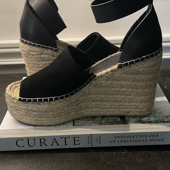 Marc Fisher LTD Black Suede Leather Espadrille Wedge Sandals 8.5 - Picture 6 of 9